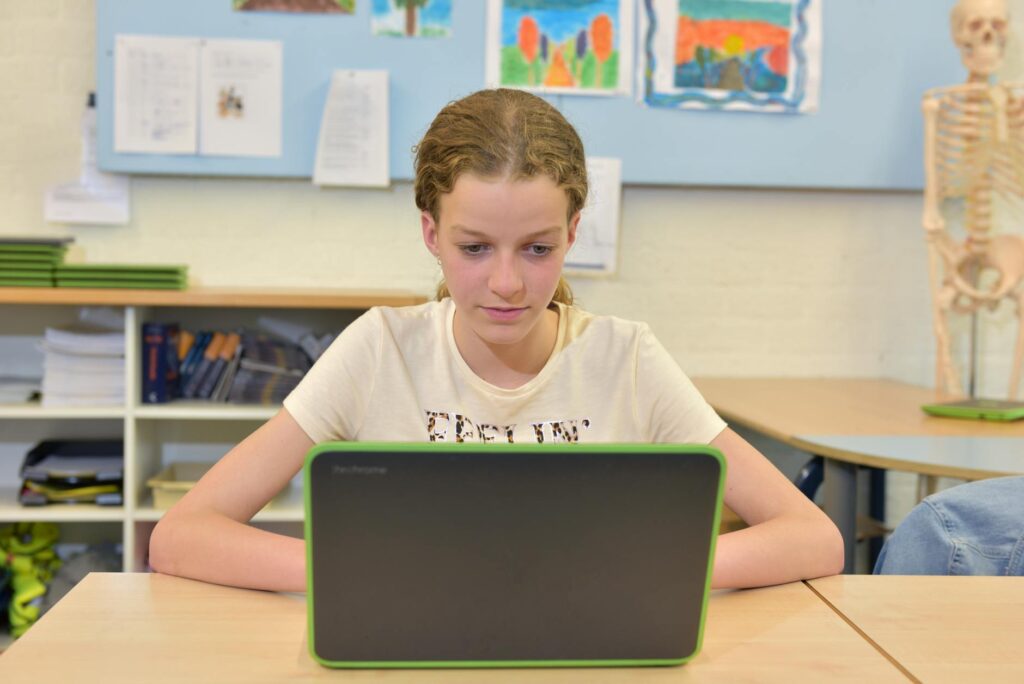 student using laptop reading