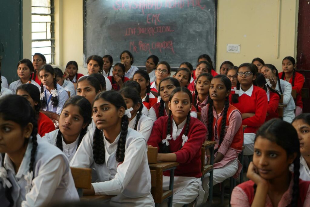 students wearing classroom headphones