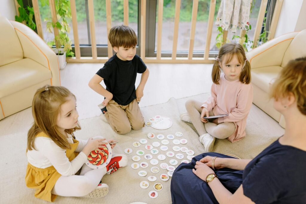 children playing educational game in classroom