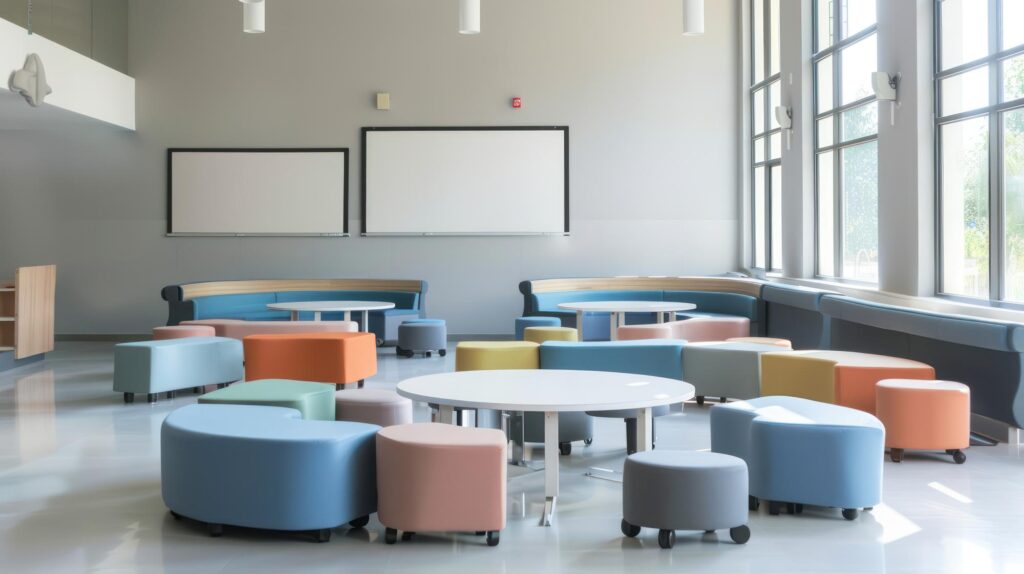 modern classroom with digital screens
