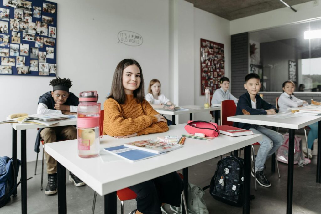 students in a modern classroom using technology